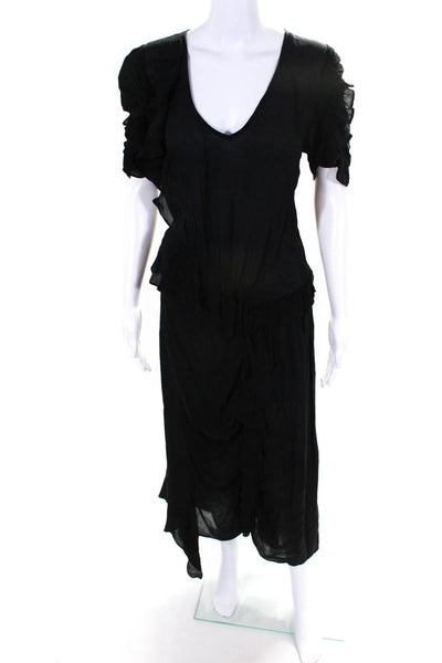 Preen Line Womens Black Ruffle V-Neck Short Sleeve Midi Hi-low Dress Size S