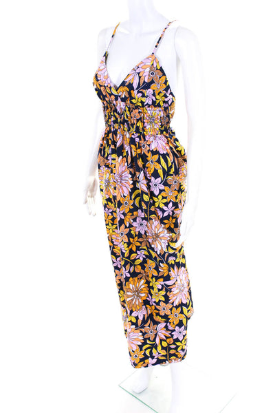 J Crew Womens Navy Multi Floral Print Smoked V-Neck Sleeveless Midi Dress Size 4