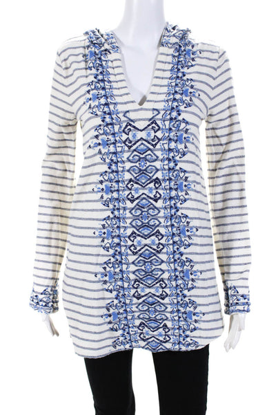 Calypso Saint Barth Womens White Striped Embroidered Hooded Tunic Top Size XS