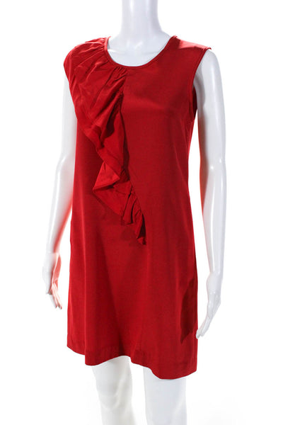 Jay Godfrey Womens Red Silk Ruffle Crew Neck Sleeveless Shift Dress Size 2