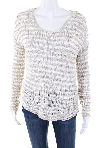 360 Sweater Womens Open Knit Scoop Neck Long Sleeve Sweater Top Beige Size S
