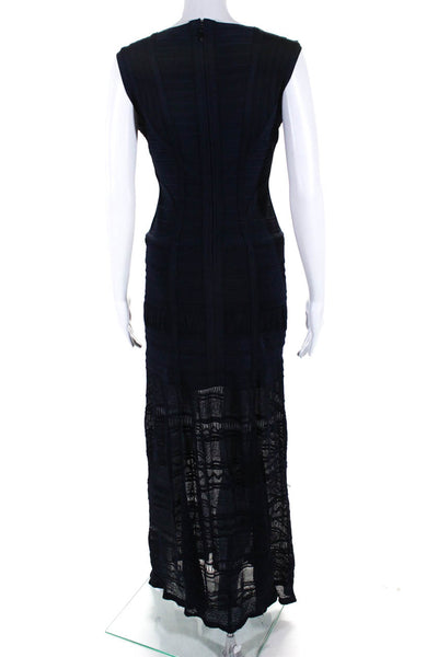 Herve Leger Women's Sleeveless Zip Up V-Neck Ribbed Lace Gown Blue Size S