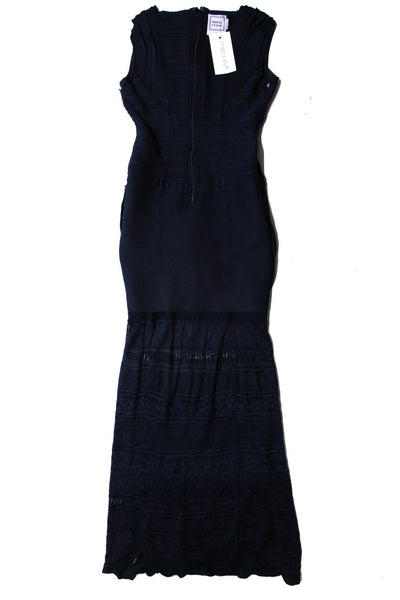 Herve Leger Women's Sleeveless Zip Up V-Neck Ribbed Lace Gown Blue Size S