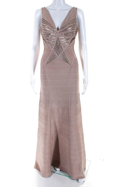 Herve Leger Women's Sleeveless V-Neck Sequin Bodycon Gown Dress Nude Size S