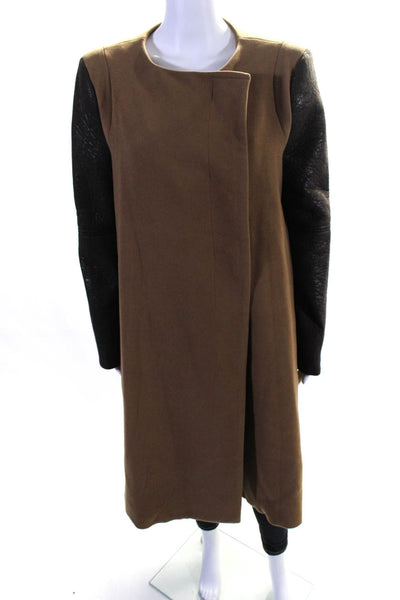 BCBGMaxazria Women's Lined Contrast Faux Leather Sleeve Coat Brown Size 10