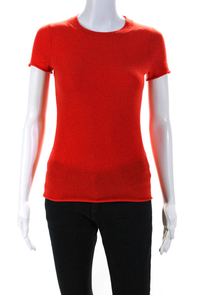 J Crew Womens100% Cashmere Raw Hem Short Sleeved Crew Neck Knit Top Red Size 2XS