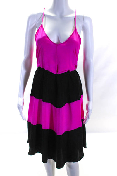 Karina Grimaldi Womens Silk V Neck Sun Dress Black Neon Pink Size Small