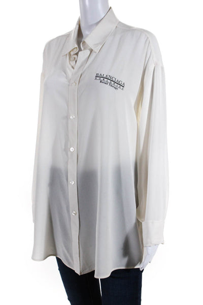 Balenciaga Womens Worldwide Retail Therapy Oversize Silk Shirt Ivory Size FR 34