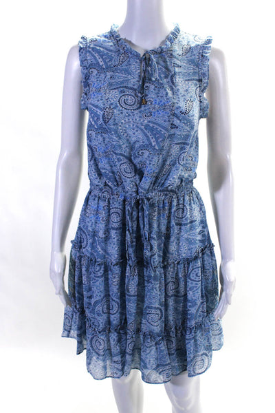 Elan Women's Sleeveless V-Neck Abstract Ruffle Mini Tank Dress Blue Size M