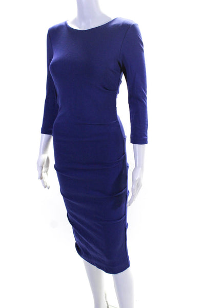 Nicole Miller Women's Lined Long Sleeve Ruched Midi Dress Blue Size S