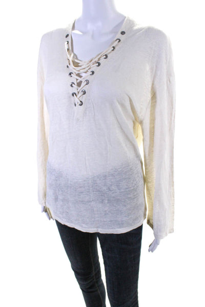 Iro Women's Linen Long Sleeve Lace Up Casual Blouse Cream Size S