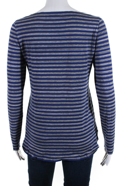 Lafayette 148 New York Womens Striped Long Sleeve Boat Neck Top Blue Gray Size S
