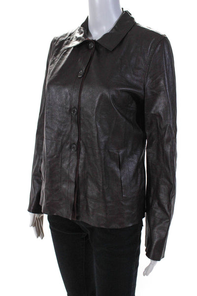Rozae Nichols Womens Leather Button Down Shirt Brown Size Medium