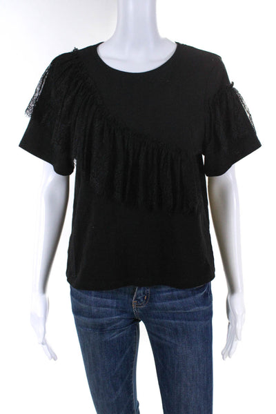 Cinq A Sept Womens Lace Ruffled Short Sleeve Tee Shirt Black Cotton Size Small