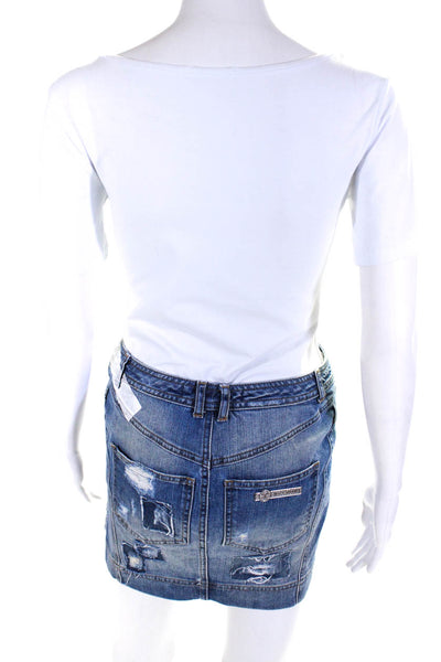 Just Cavalli Womens Denim Distressed Patchwork Zip Mini Skirt Blue Size 40 S