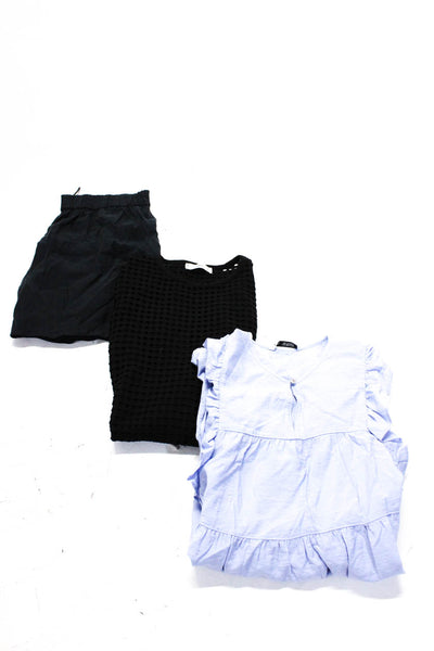 Zara Women's Cotton Long Sleeve Crew Neck Ruffle T-Shirt Blue Navy Size M Lot 3