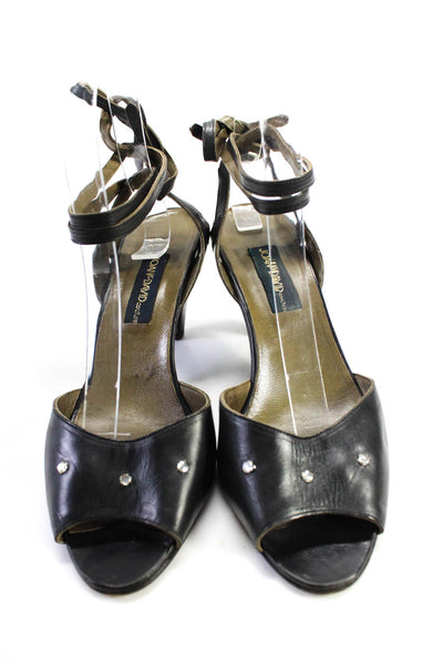 Joan & David Womens Leather Rhinestone Strappy Open Toed Cone Heels Black Size 8