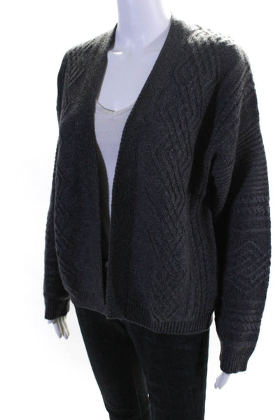 Overland Womens Cashmere Open Front Striped Textured Knit Cardigan Gray Size M