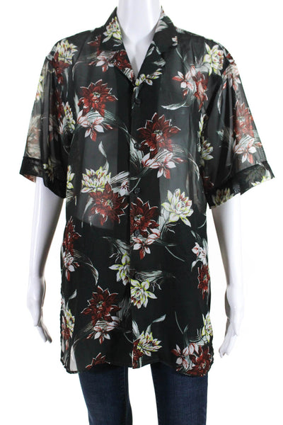 Moussy Womens Floral Buttoned Short Sleeve Side Slit Collared Tops Black Size 1