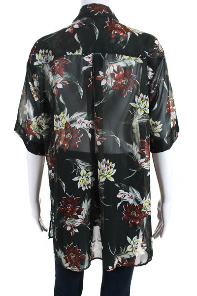 Moussy Womens Floral Buttoned Short Sleeve Side Slit Collared Tops Black Size 1
