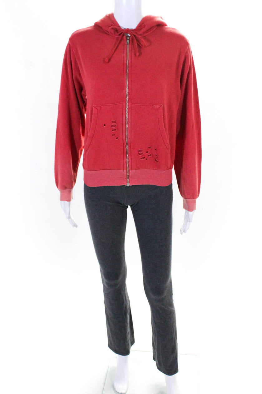 Wild Fox Brandy Melville Women's Distressed Hoodie Jacket Red Gray