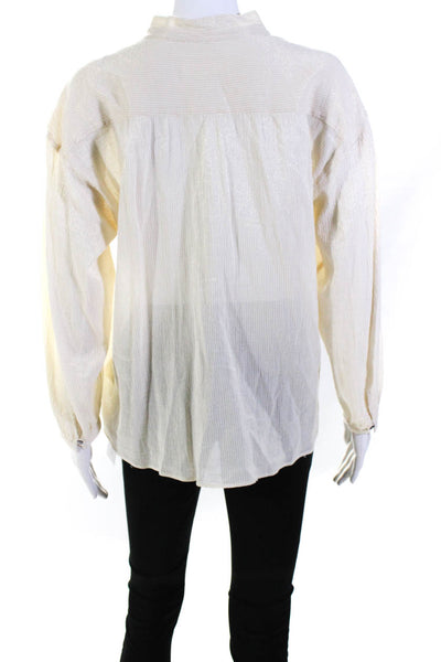Pomandere Womens Striped Button Down Shirt Beige Gold Cotton Size 4