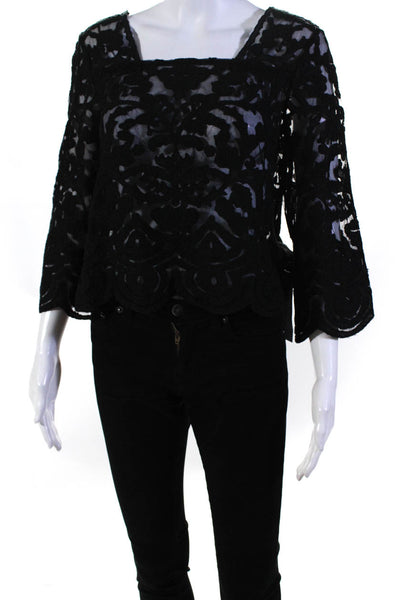 Suno Womens Lace Embroidered Long Sleeves Blouse Black Size 4
