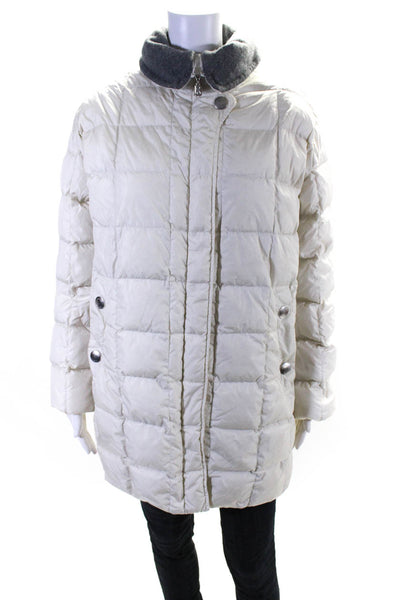 Bogner Womens Striped Quilted Zipped Buttoned Collar Puffer Coat White Size 12