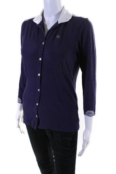 Bogner Womens Embroidered Darted Collared Buttoned Long Sleeve Top Purple Size S