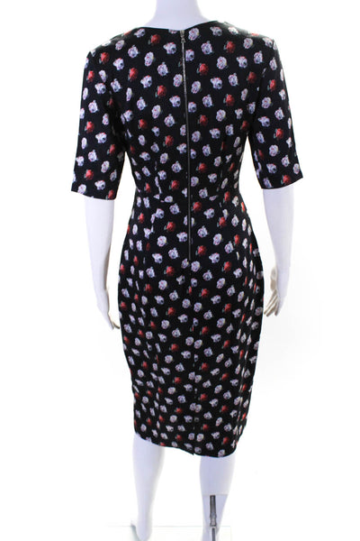 Suno Womens Silk Half Sleeve Cutout Rose Print Zip Up Sheath Dress Black Size 4