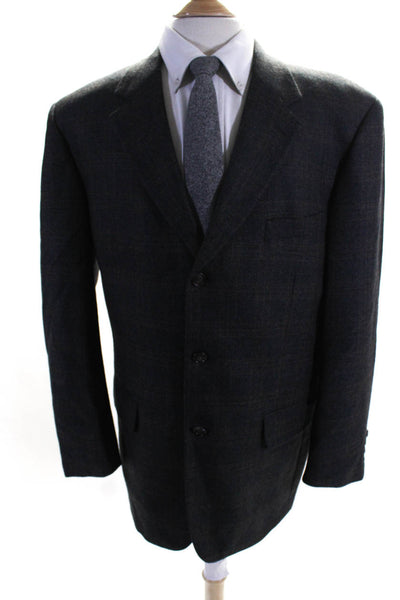 Tasso Elba Mens 100% Wool Plaid Three Button Blazer Jacket Gray Brown Size 42R