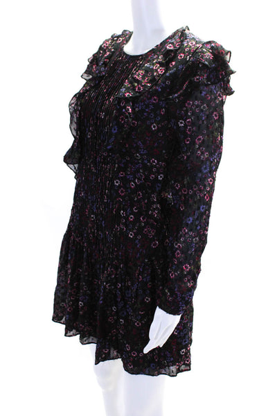 Reiss Womens Fil Coupe Floral Ruffle Sheath Dress Black Pink Purple Size 6