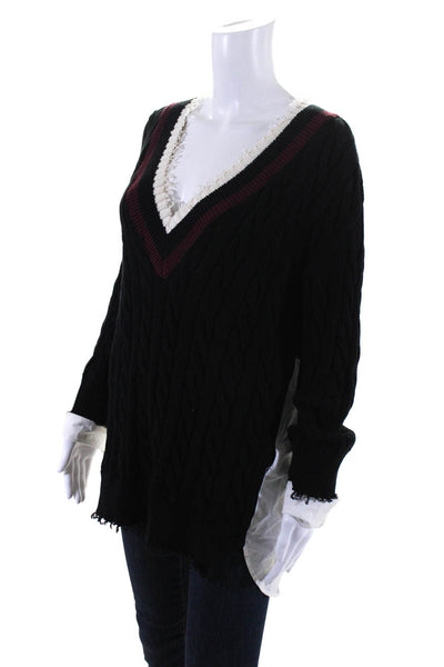 T Alexander Wang Womens Cable Knit V Neck Sweater Black Cotton Size Small
