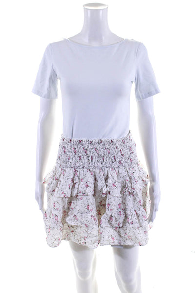 Olivaceous Womens Floral Print Tiered A Line Skirt White Cotton Size Large