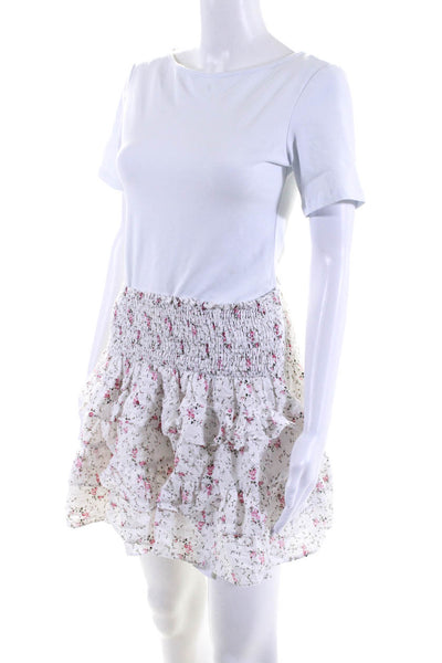 Olivaceous Womens Floral Print Tiered A Line Skirt White Cotton Size Large