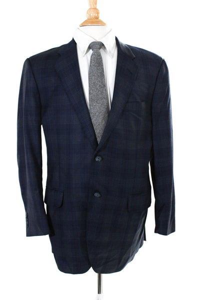 Coppley Mens Wool Plaid Striped Two-Buttoned Collared Blazer Navy Size EUR42