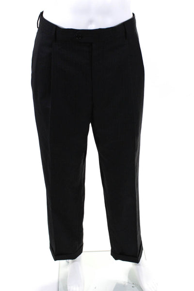 Jos A Bank Mens Striped Buttoned Pleated Straight Leg Dress Pants Black Size L