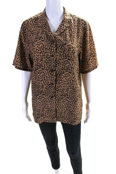 Moussy Womens Animal Print Short Sleeve Button Down Shirt Brown Black Size 1