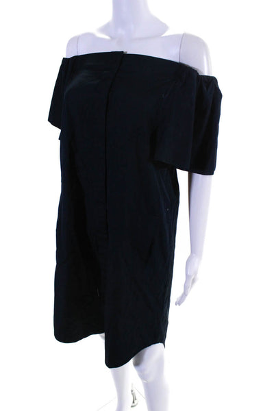 Vince Womens Button Front Short Sleeve Off Shoulder Dress Blue Cotton Size 0