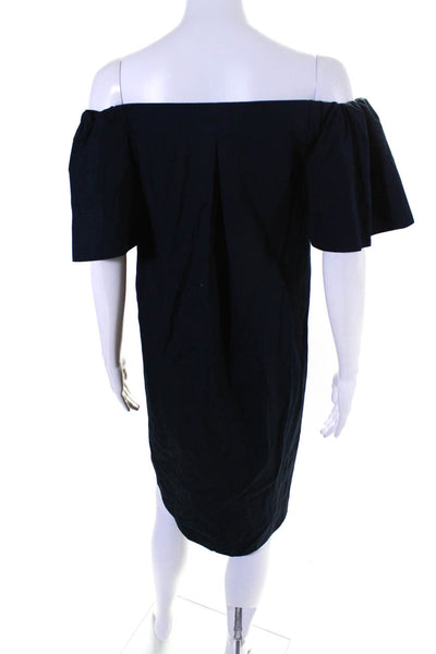 Vince Womens Button Front Short Sleeve Off Shoulder Dress Blue Cotton Size 0