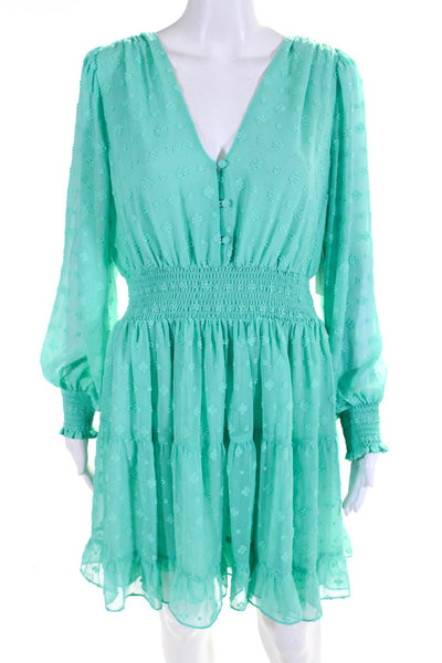 Shoshanna Women's V-Neck Long Sleeves Lined Tiered Mini Dress Green Size 10