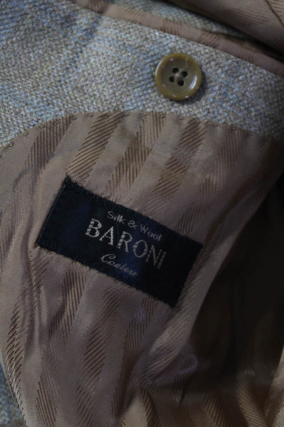 Baroni Mens Silk Plaid Two Button Blazer Brown Blue Size 42 Regular
