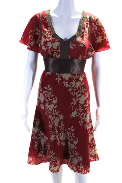 Maeve Anthropologie Womens Red Floral Short Sleeve Empire Waist Dress Size 0