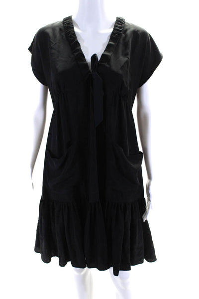 Fendi Womens Back Zip Short Sleeve Lace Trim Shift Dress Black Silk Size IT 40