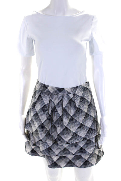 Lela Rose Women's Silk Plaid Printed Tiered Skirt Black White Size 8