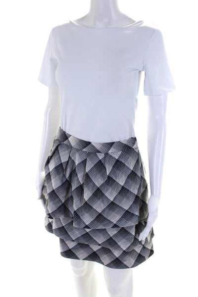 Lela Rose Women's Silk Plaid Printed Tiered Skirt Black White Size 8