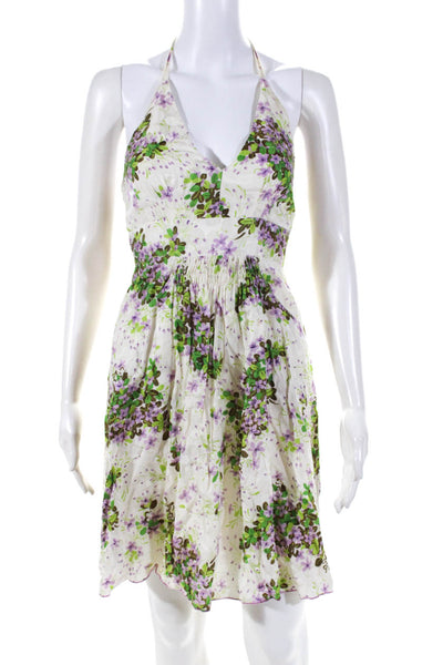Anna Sui Womens Floral Print Ruched Zip Up V-Neck Halter Dress Beige Size 0