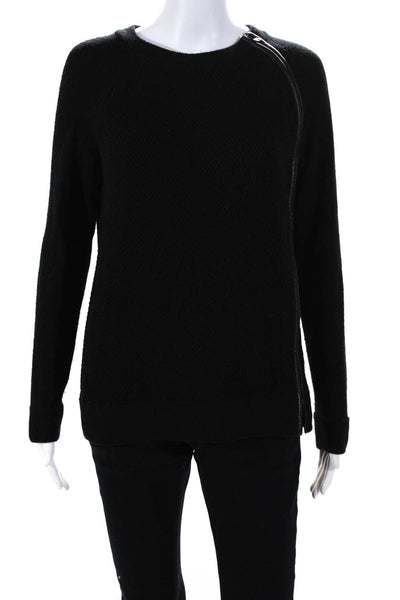 Vince Womens Leather Trim Crew Neck Raglan Sweater Black Wool Size Extra Small