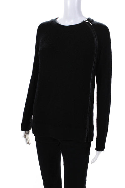 Vince Womens Leather Trim Crew Neck Raglan Sweater Black Wool Size Extra Small