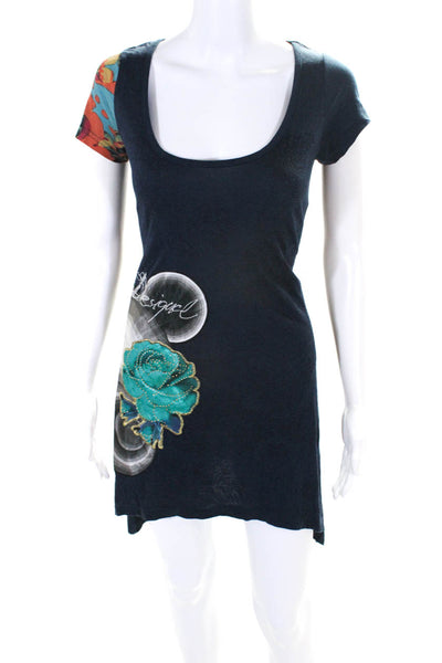 Desigual Womens Blue Floral Print Scoop Neck Short Sleeve Shirt Dress Size M